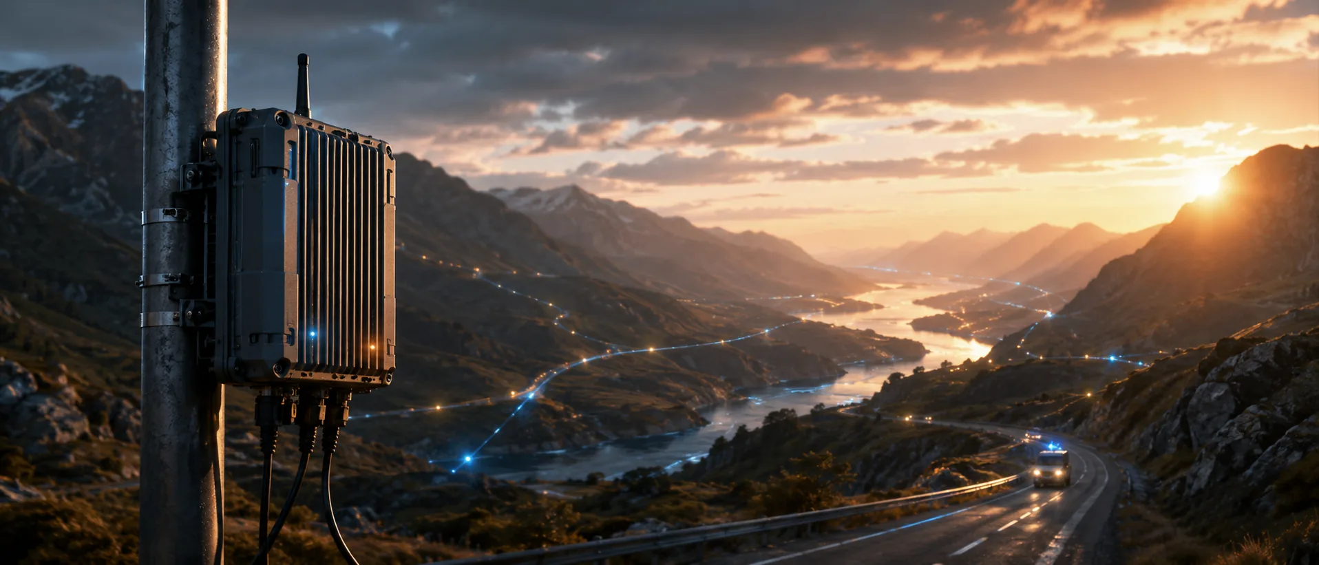 Boîtier Nexacore surplombant une vallée montagneuse parcourue de réseaux de données au coucher du soleil