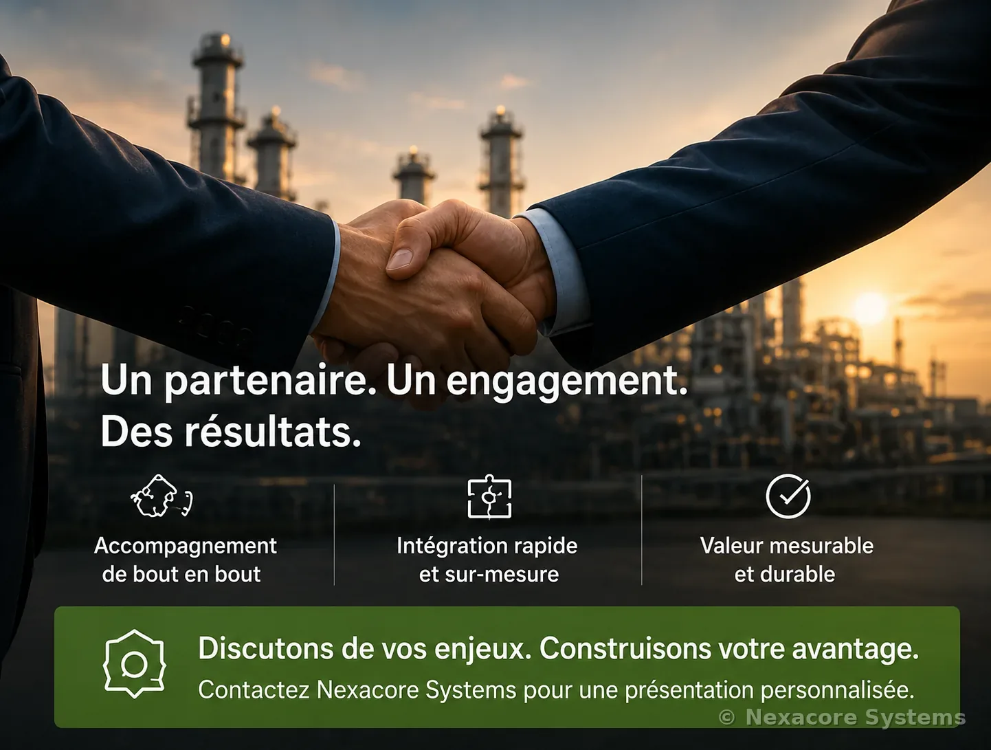 Un partenaire. Un engagement. Des résultats. — poignée de main devant une raffinerie au coucher du soleil