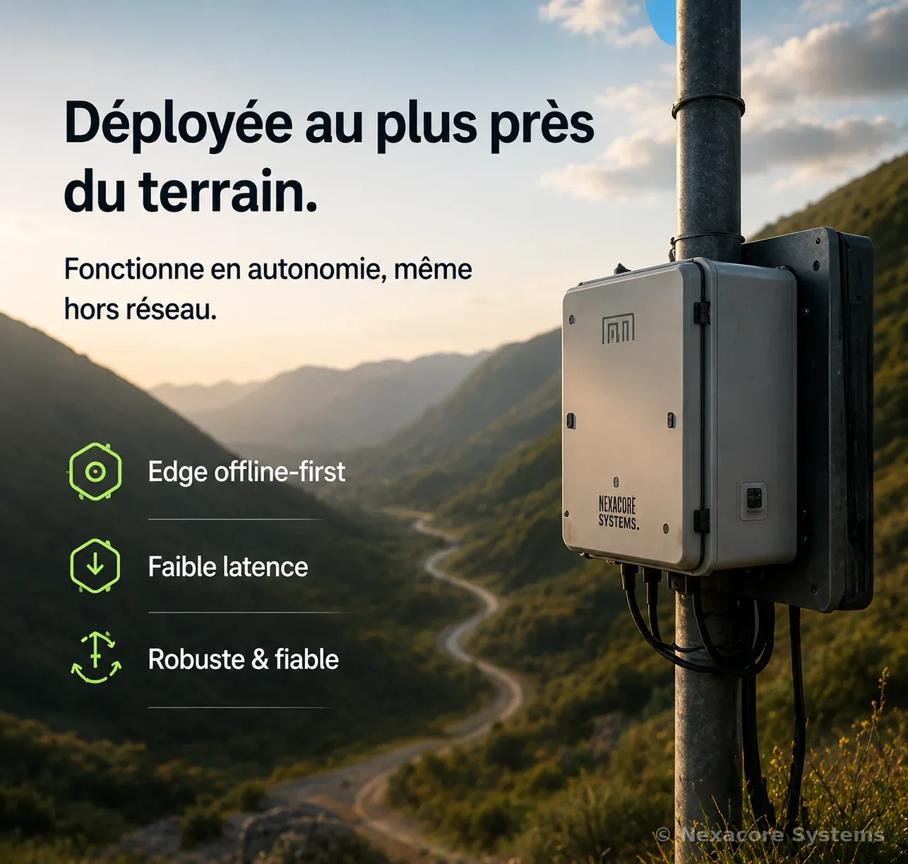 Intelligence déployée au plus près du terrain — Edge offline-first, faible latence, robuste