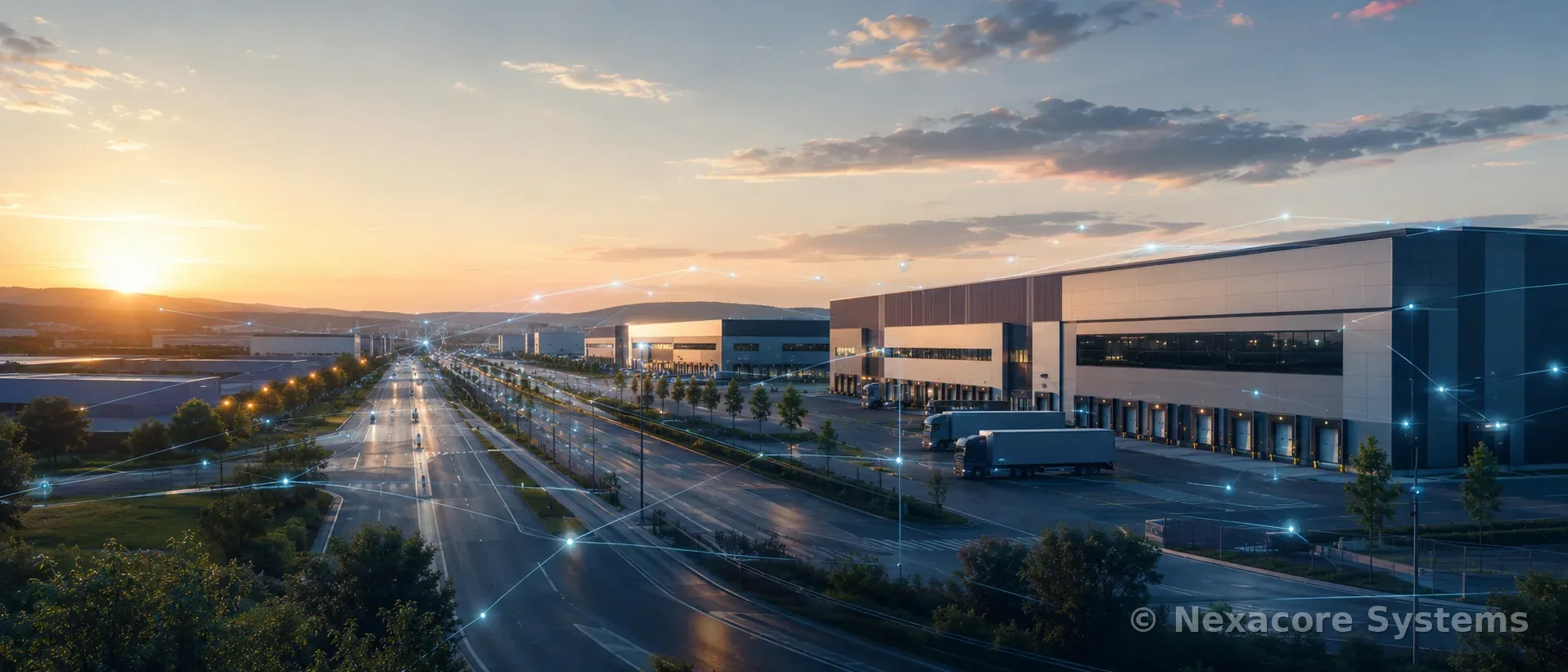 Nexacore Systems — Infrastructures logistiques connectées au coucher du soleil