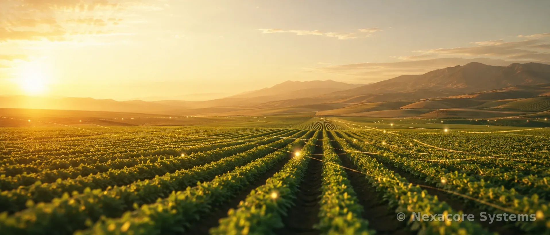 Champs cultivés au coucher du soleil avec réseau de capteurs lumineux