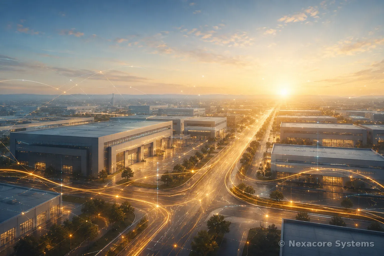 Parc industriel au coucher du soleil avec réseau de données